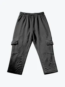 Detailed view of dark grey casual cargo pants with elastic drawstring waist and multi-pockets.