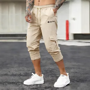 Men's casual cargo shorts with drawstring elastic waist and multi pockets for outdoor wear.