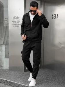 Men autumn winter black track suit casual stand collar long sleeve jacket cargo pants