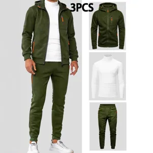 Men 3-Piece Zip Pocket Hoodie Turtleneck Sweatpants Autumn Winter Athletic Tracksuit Set