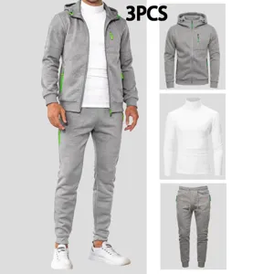 Men's 3-piece zip hoodie turtleneck t-shirt sweatpants casual athletic grey outfit set