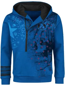 Sudadera azul con capucha para hombre, media cremallera, estampado de calavera y letras.