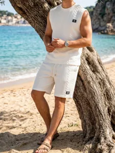 Men knit sleeveless top shorts set beach detail view breathable fabric summer outfit