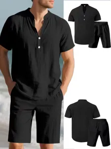 Detailed look at the men black short sleeve linen shirt and shorts casual summer two piece set.