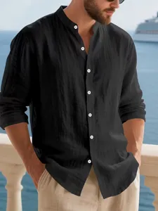 Men's casual long-sleeve linen shirt with mandarin collar, breathable resort style detail view.
