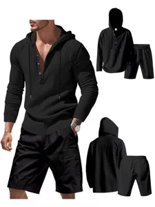 Mens black long sleeve hooded henley shirt and shorts set casual summer beach outfit new