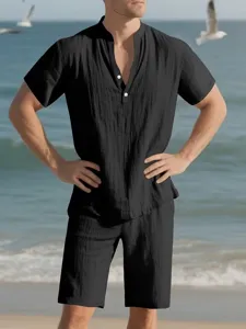 Men's Summer Casual Short Sleeve Shirt and Shorts Two-Piece Beach Outfit Solid Color