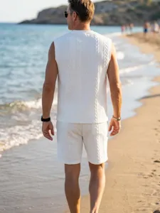 Detailed view of men knit vest shorts set, casual athletic two-piece outfit in solid white.