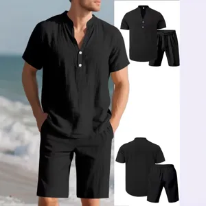 Mens summer casual short sleeve shirt and shorts set solid color lapel two piece outfit