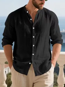 Men's casual long sleeve linen Henley shirt with stand collar and button-down design for summer resort.