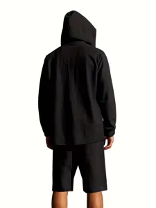 Mens casual black linen hooded long sleeve top and shorts set for beach summer wear detail.