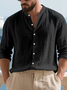 Close up view of the black men linen casual shirt with mandarin collar and buttons detail.