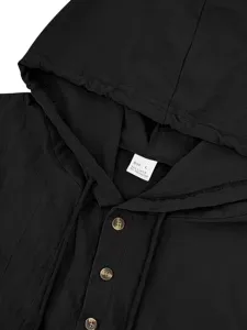 Black linen blend hoodie detail showing drawstrings, buttons and size L collar tag.