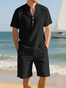 Summer beach men casual black short sleeve shirt and shorts two piece set detail view