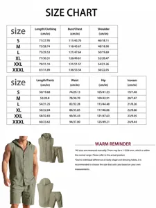 Size chart details and measurement guide for men's casual linen hooded set summer wear.