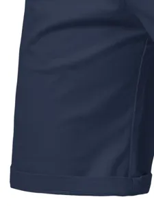 Detailed close-up view of navy blue men's casual shorts fabric and clean stitched cuff.