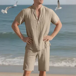Men's Summer Casual Linen Short Sleeve Shirt and Shorts Set Beach Vacation Two-Piece Outfit