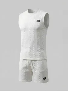 Men's white knit sleeveless top and matching shorts set with cable texture for casual daily wear.