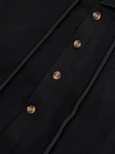 Men casual linen shirt detail view, breathable black long sleeve fabric, premium tortoiseshell buttons.