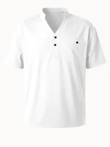 Ανδρικό λευκό κοντομάνικο henley polo casual καλοκαιρινό βαμβακερό t-shirt μπλούζα