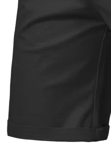 Close-up detail of mens black casual shorts hem, showing fine stitching and cuffed design.