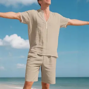 Men summer casual linen short sleeve shirt and shorts two-piece set solid color beach outfit