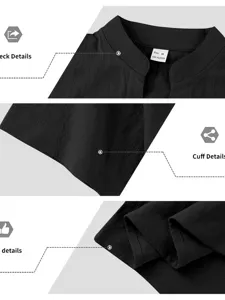 Men's solid color lapel casual shirt detail view, breathable polyester fabric, classic short sleeve.