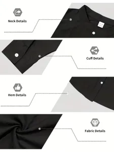 Close-up view of the black henley shirt highlighting collar neck details and button craftsmanship.