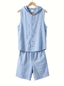 Men's casual linen summer two-piece set hooded sleeveless shirt and shorts outfit stylish.