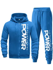 Herren lässiger blauer Trainingsanzug Kapuzenpulli und Jogginghose Set mit Aufdruck.