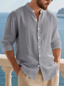 Men's casual long sleeve linen mandarin collar shirt detail view showcasing breathable fabric.