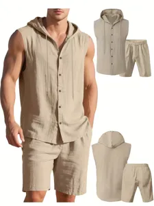 Men's casual linen two-piece set, sleeveless hooded shirt and matching shorts, khaki.