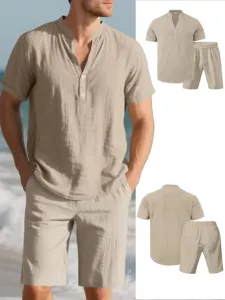 Detail view of men's casual short sleeve shirt and shorts set in beige linen-like fabric.