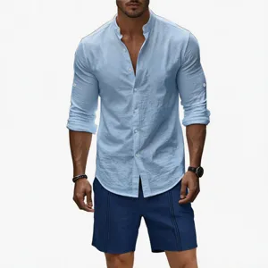 Set camicia in lino e pantaloncini uomo estate casual maniche lunghe traspirante