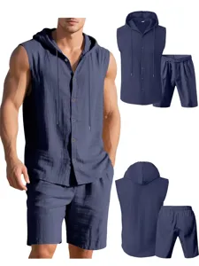 Close-up details of the casual sleeveless hooded shirt and matching shorts summer outfit set.