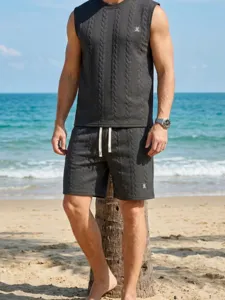 Men casual knit jacquard vest and shorts two piece set summer beach outdoor sports clothing.