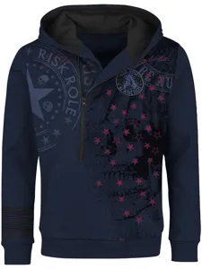 Men's dark blue half-zip hooded sweatshirt with cool skull and star graphic streetwear design.