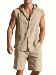 Men linen casual sleeveless hooded shirt and shorts set summer beachwear two-piece outfit.