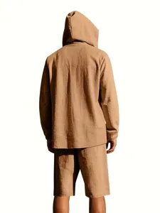 Back view detail of casual mens linen long sleeve hooded shirt and shorts set for summer.