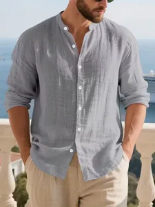 Men's grey linen long sleeve henley shirt, casual stand collar summer beach vacation top.