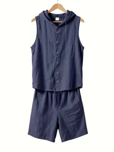 Men's solid linen summer two-piece casual hooded sleeveless shirt and shorts outfit