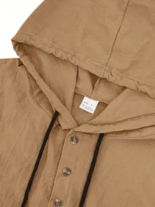 Detail shot of men's casual linen blend hooded shirt collar and drawstring in khaki.
