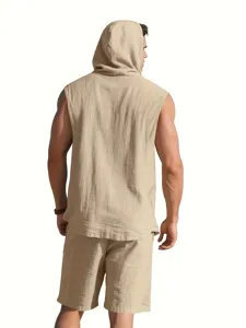 Men's linen two-piece set, sleeveless hooded shirt and casual shorts, summer beach wear.