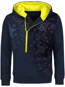 Men's navy half-zip hoodie featuring striking yellow inner hood lining and bold skull star print details.