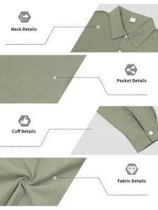Vue détaillée de chemise à manches longues verte décontractée avec col, poche et tissu.