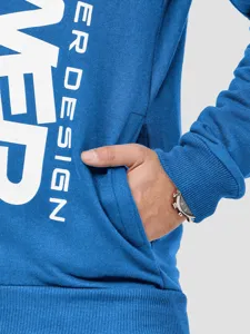 Nahaufnahme der blauen Herren Hoodie Tasche, Rippbündchen und weißem Grafikdruck Detail.