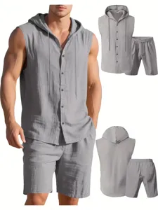 Men linen two piece set casual sleeveless hooded shirt and shorts summer outfit beach wear