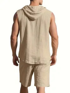 Men linen two piece set summer casual hooded sleeveless shirt and shorts streetwear.