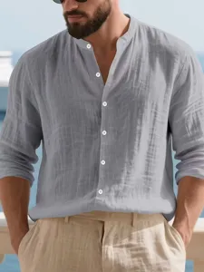 Close-up view of the men's casual long sleeve linen shirt with stand collar and buttons.