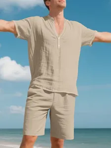 Men's summer beach casual short sleeve shirt and shorts set detail view in solid khaki.
